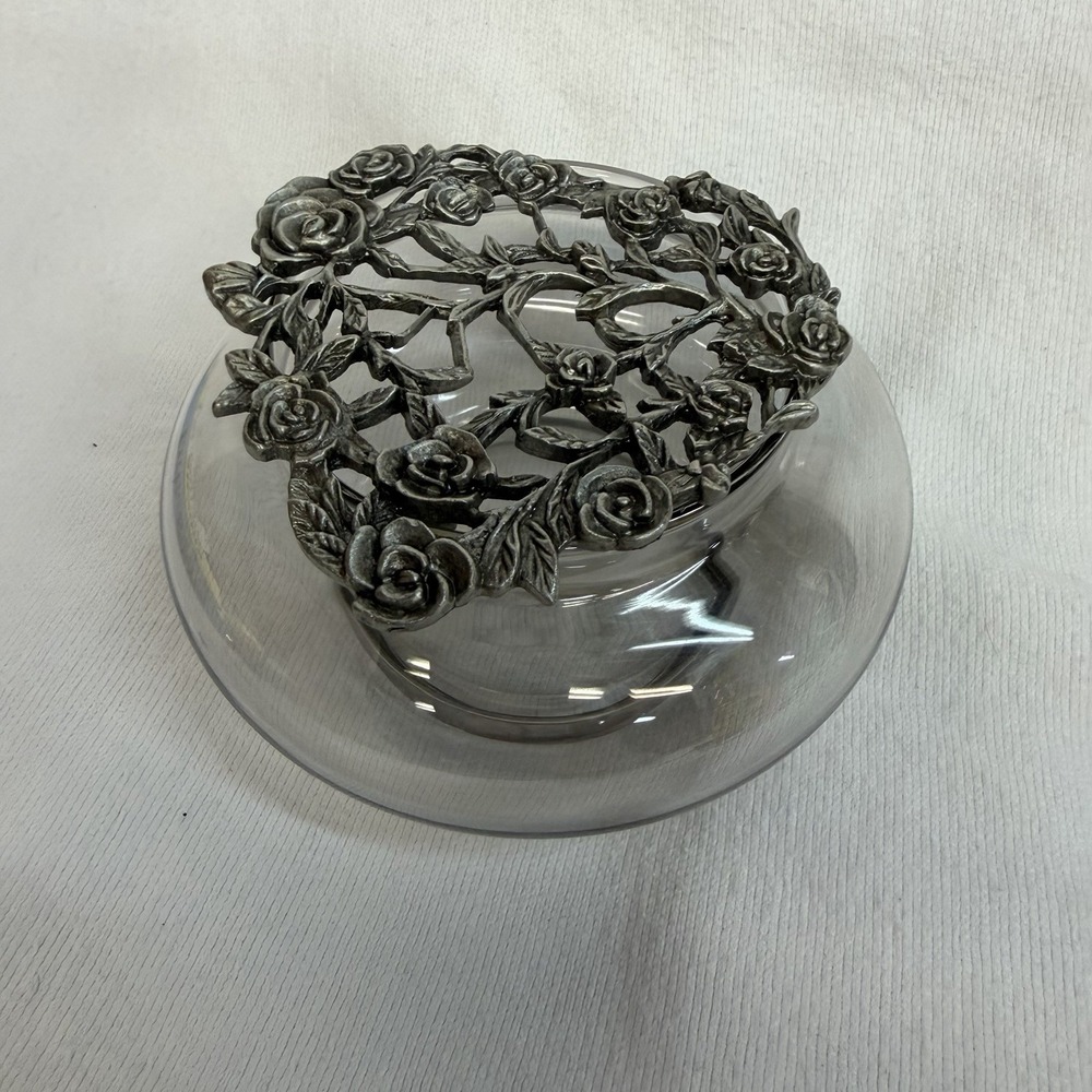 Vintage Pewter & Glass Trinket Potpourri Dish With 3D Roses & Leaves